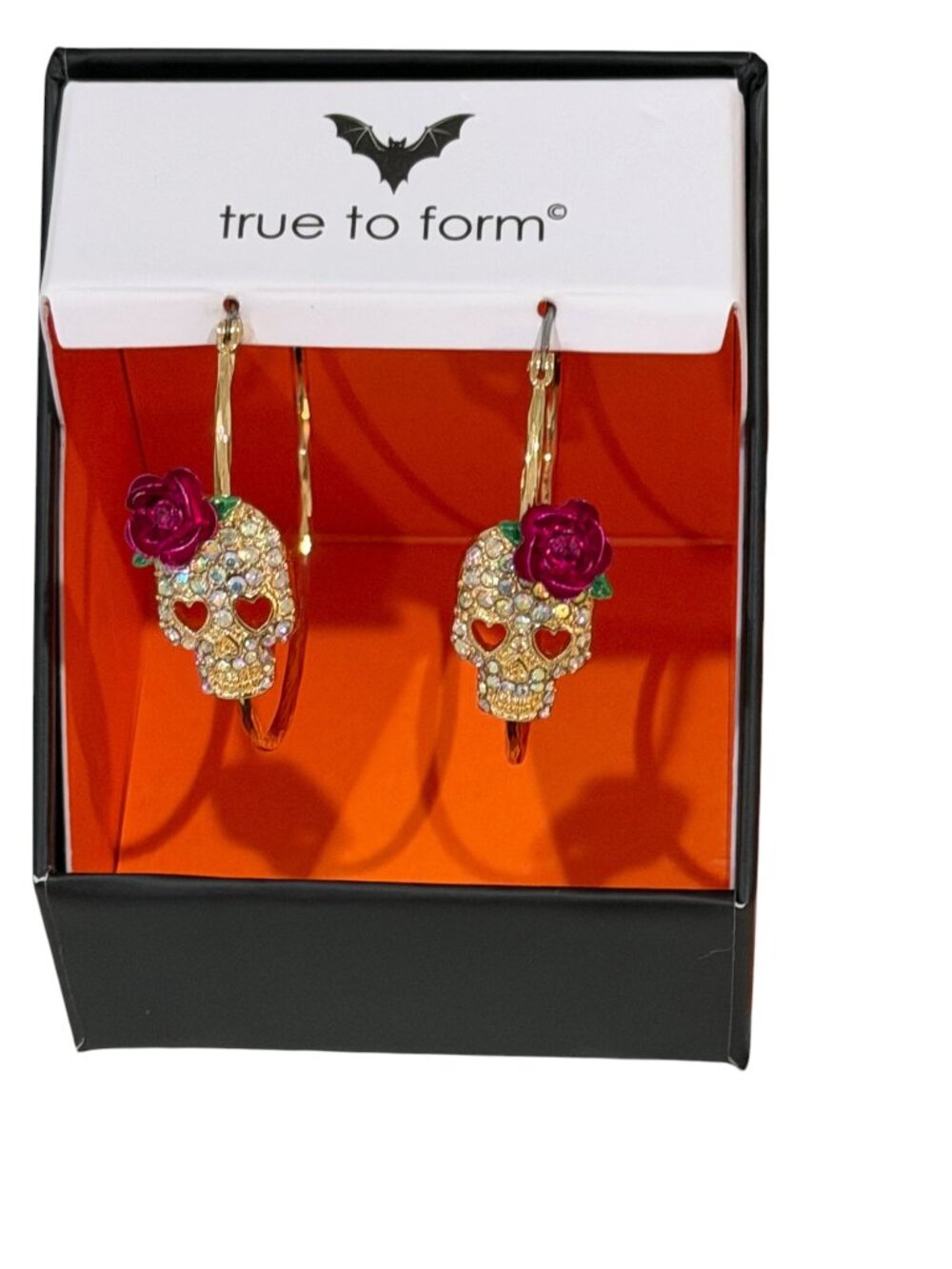 True To Form Sugar Skull Earrings Halloween Gold Tone Cubic Zirconia Pink Rose